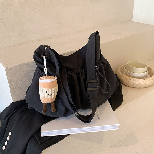 Work style crossbody bag women's trendy brand ins solid color simple drawstring bucket bag large capacity student casual shoulder bag