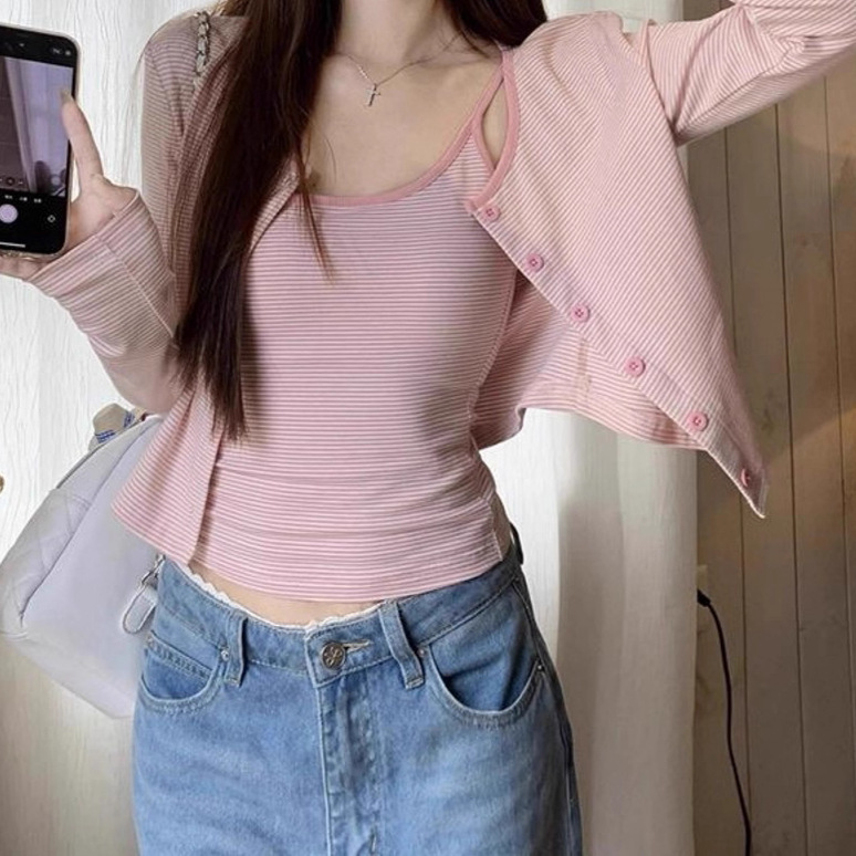 复古设计感条纹吊带背心长袖针织开衫外套2025秋季新款两件套装女|undefined