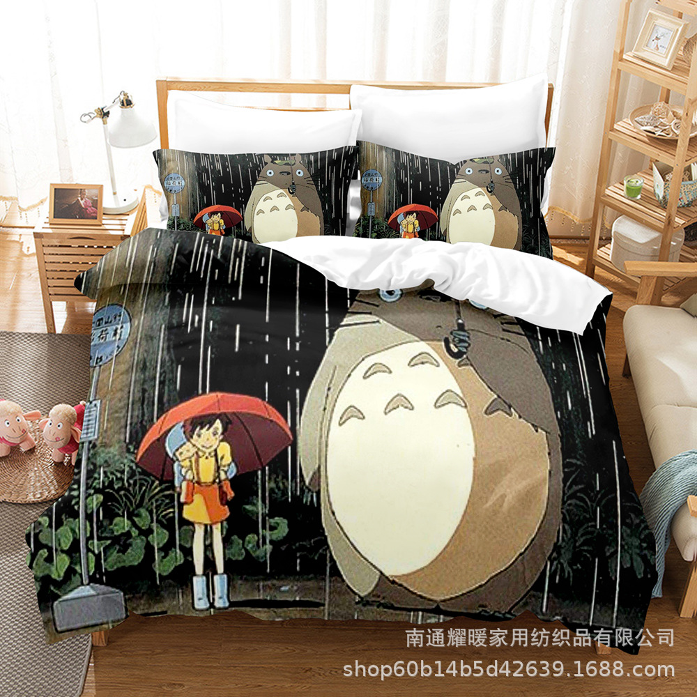 Factory Direct Supply of 3D Digital Printed Brushed Bedding Four-Piece Set of Three-Piece Set of Totoro Bed Sheetss, Quilt Pillows
