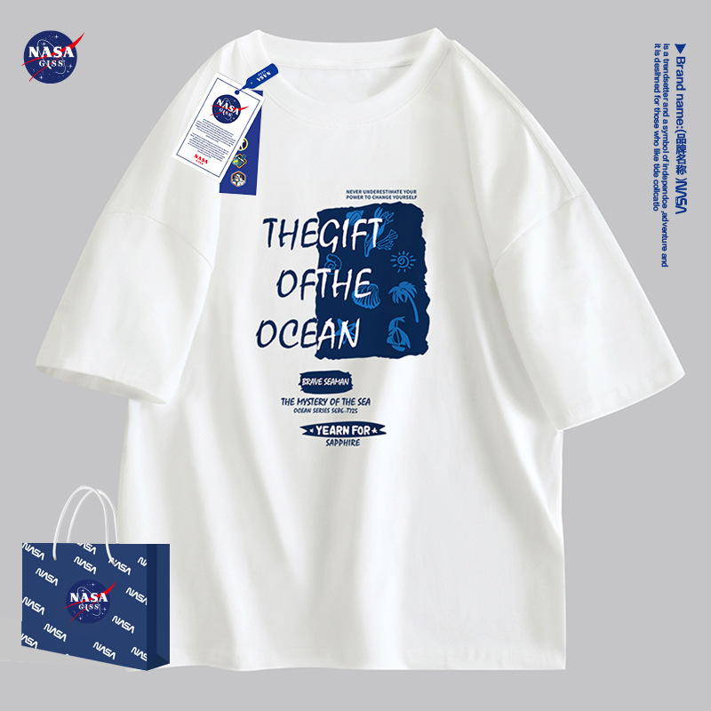 NASAGISS nombre conjunto pesado algodón camiseta de manga corta hombres y mujeres misma marca de moda suelta pareja juventud verano