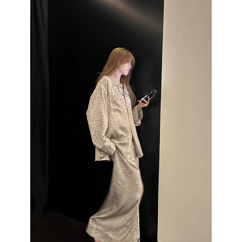 韩系高级感豹纹缎面冰丝睡衣女秋季新款大码长袖长裤家居服两件套|undefined