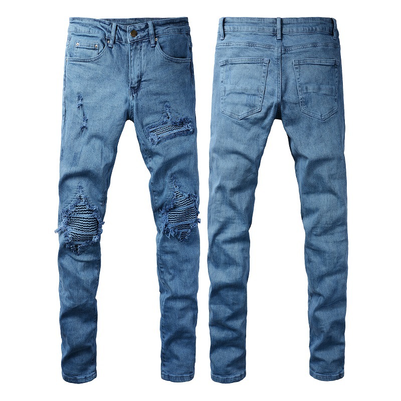 Abbigliamento maschile stesso stile baffi di gatto stropicciati blu patchwork buco elastico slim fit jeans skinny jeans_voghion.com