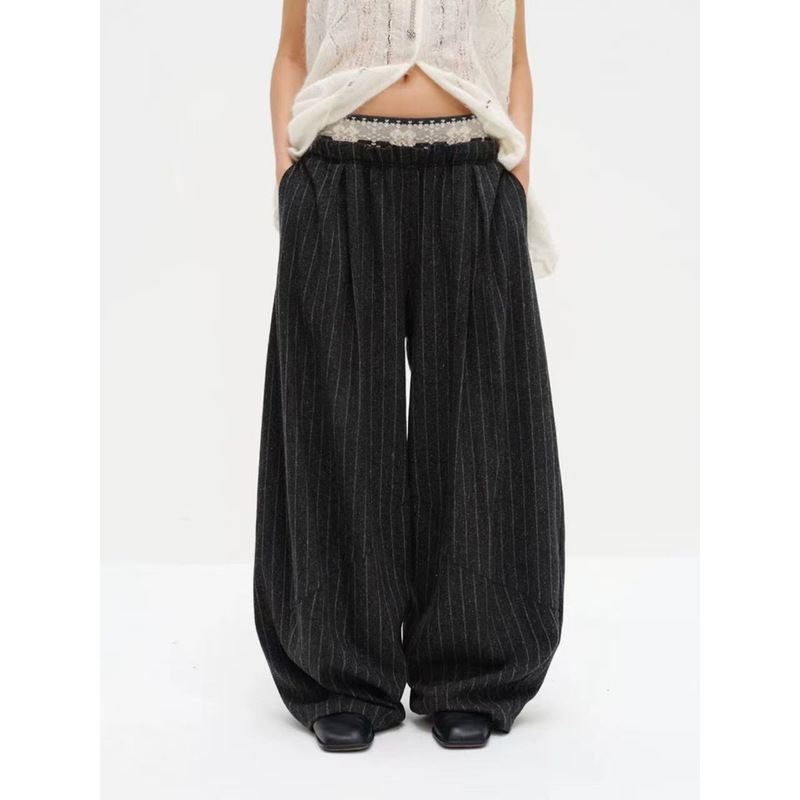 New Ypm 26 Early Spring Style Fair Isle Knit Waistband Tailored Drape Striped Trousers Long Pants