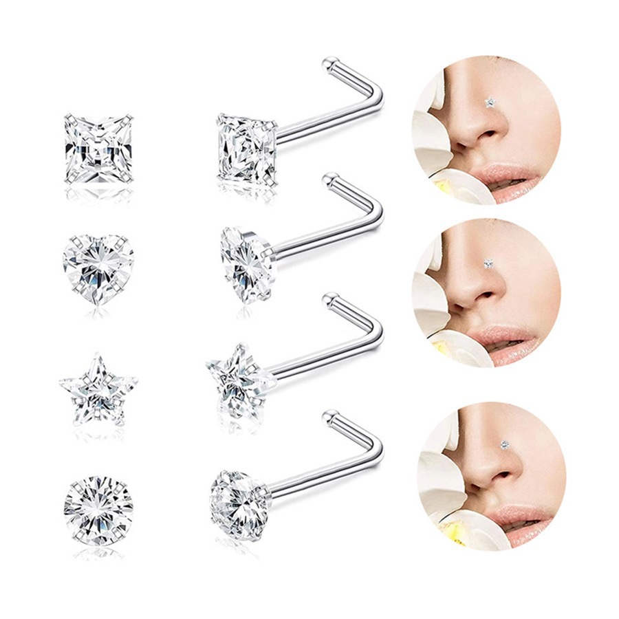 Titanium Steel Curved Stud Five-Pointed Star Square Heart L S Rod Ring Mini Inlaid Stone Girl Facial Nose Jewelry_voghion.com