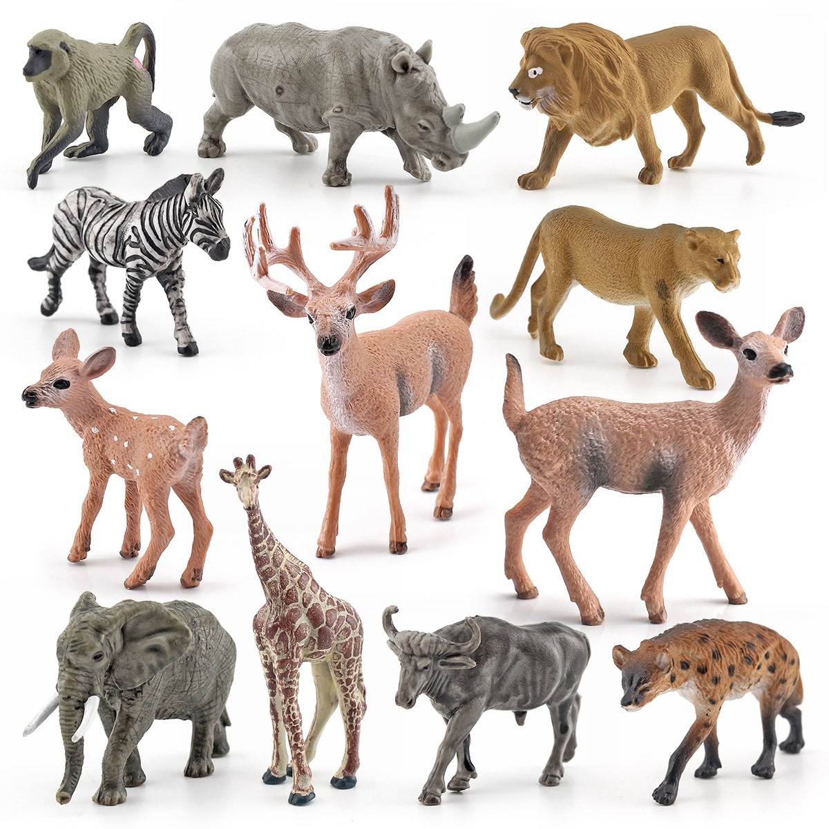Jirafa de simulación transfronteriza rinoceronte León cebra elefante babuino búfalo cola blanca ciervo animal modelo adornos estáticos