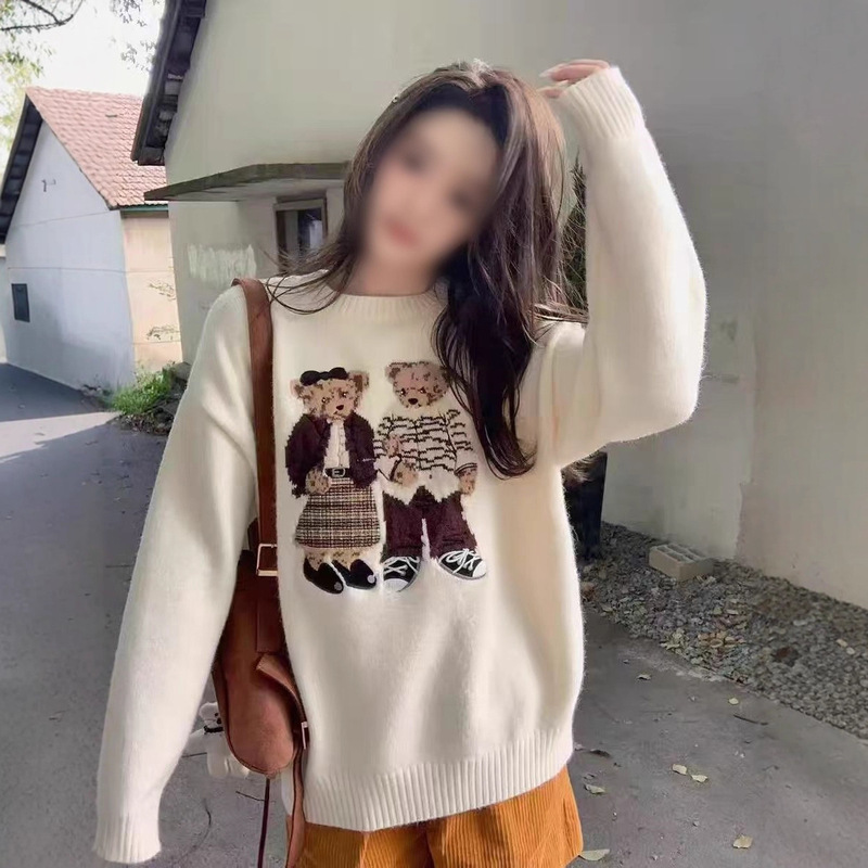 Korean Style Cute Cartoon Bear Jacquard Knitwear for Women Autum New Round Neck Pullover Long-Sleeved Knitwear Versatile Top