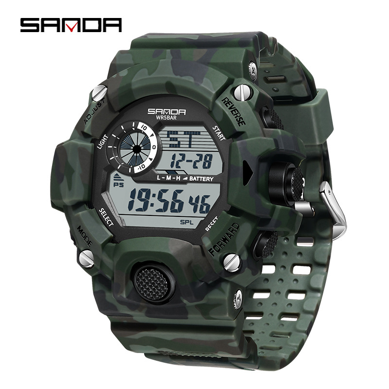 SANDA Camuflaje reloj electrónico de montaña deportivo al aire libre impermeable multifuncional reloj de negocios para hombres 2183