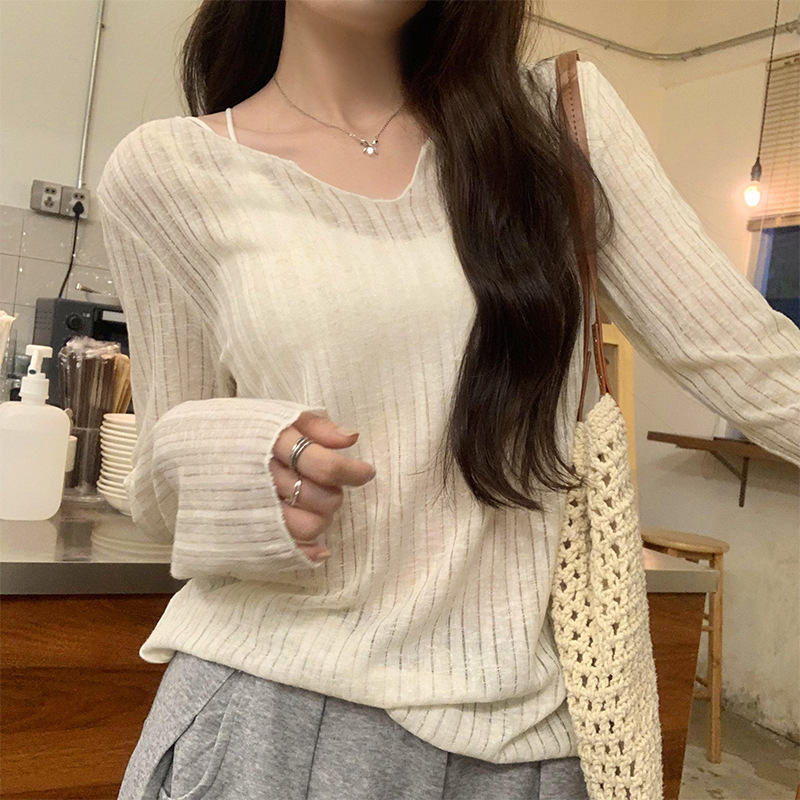 Irina Spring and Summer Chic High-end Sense Loose Lightweight Breathable Pit Strip Long-sleeved T-shirt Women's Sunscreen Air Conditioning Blouse