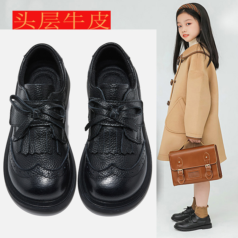 Children's genuine leather girls' black leather shoes single-layer shoes spring and autumn ceremony shoes performance shoes preppy style baby soft leather