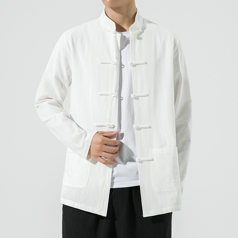 Camisa de traje Tang de manga larga casual de primavera y otoño de estilo chino Camisa de té suelta retro de estilo chino Túnica de túnica de color sólido para hombre