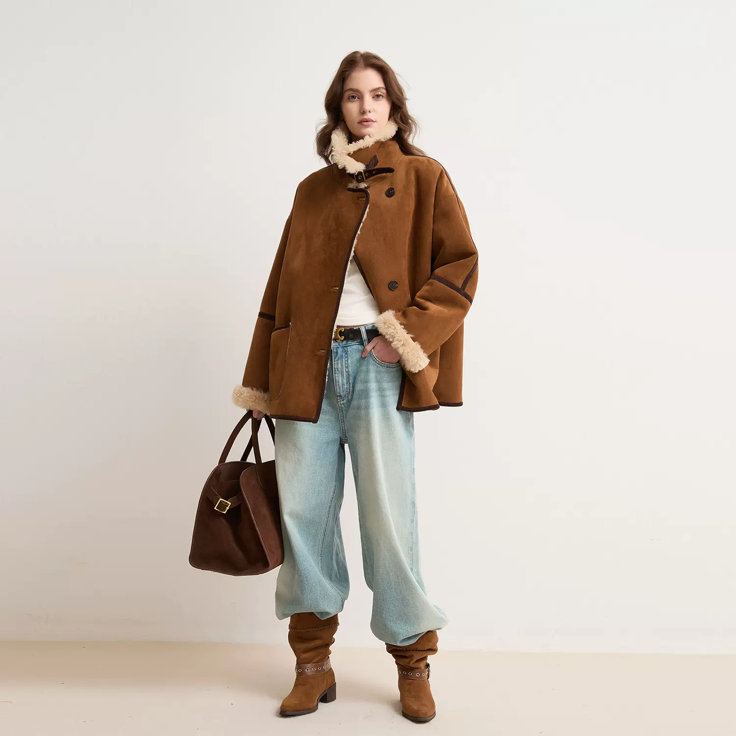 海宁环保皮草毛毛拼接美式复古麂皮绒皮毛一体机车服立领外套女装