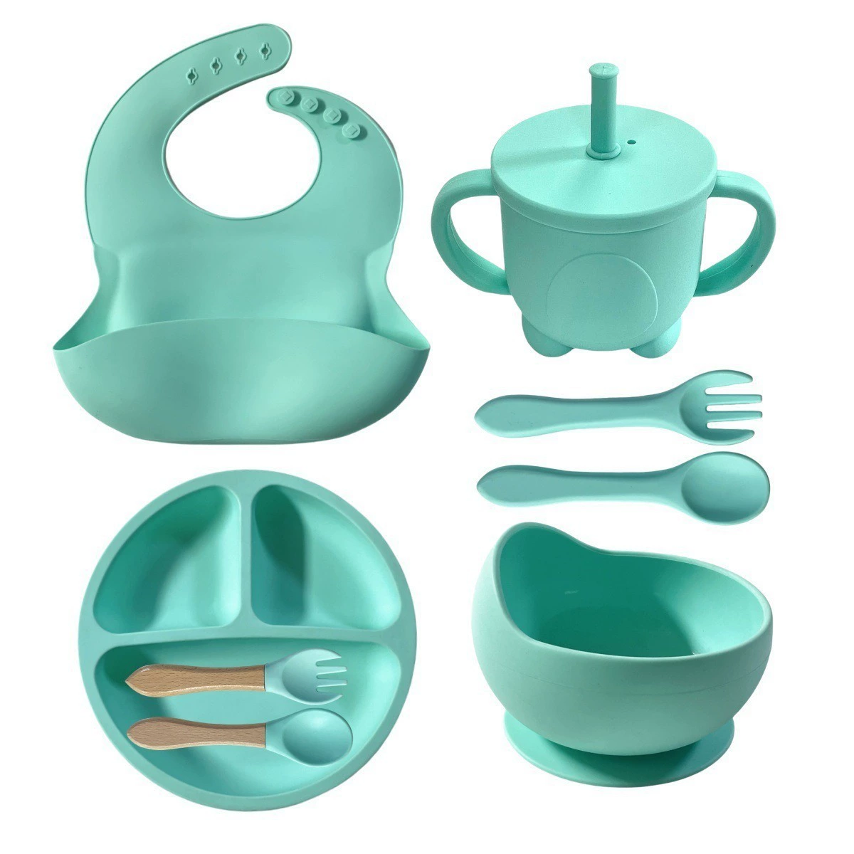 Silicone tableware for feeding, set, bib for baby, non-slip dinner plate