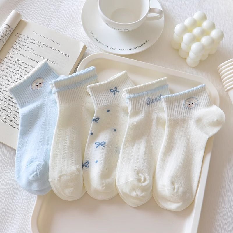 Summer Thin Breathable Mesh Socks for Women, Cute Cartoon Short Socks, Student Girl Style Seamless Cotton Socks, Versatile No-Show Socks