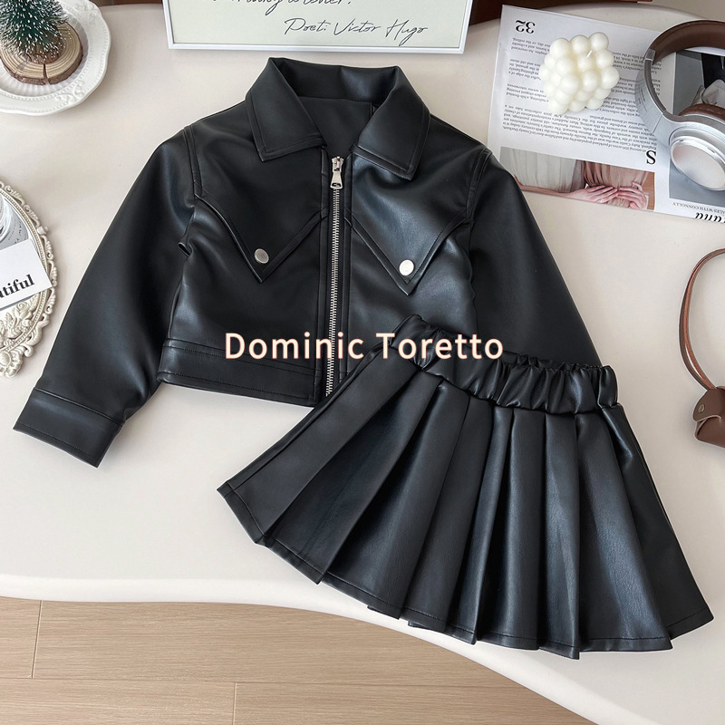 Girls Autum Pu Leather Suit Little Girl Korean Style Fashionable Motorcycle Clothing Kidsren's Leather Jacket Pleated Skirt Two-Piece Set