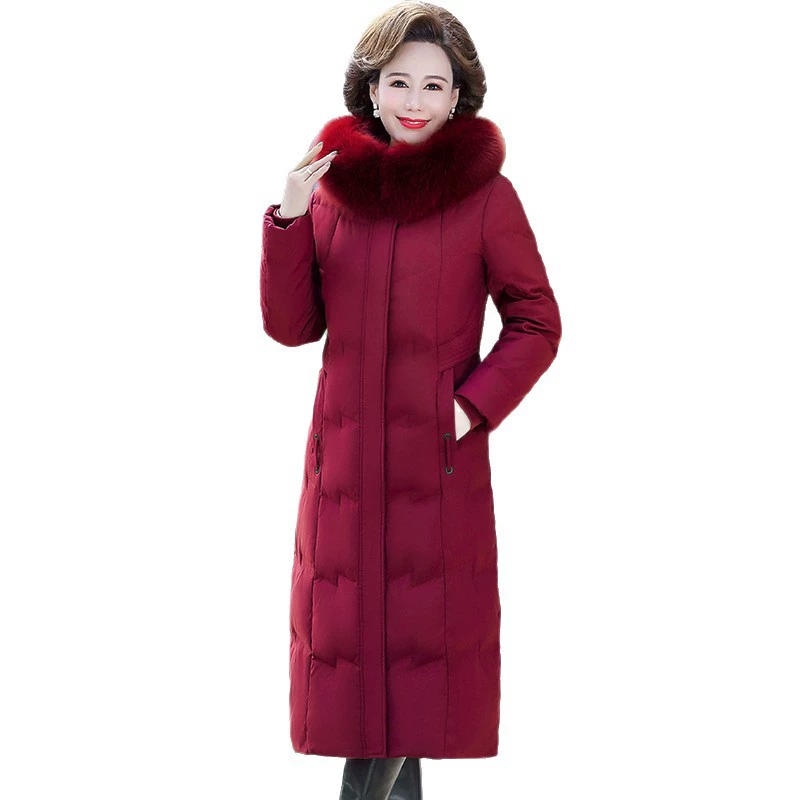 Long winter velvet down jacket, maxi length, increased thickness, duck down, for middle age