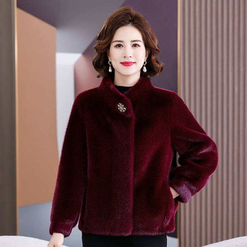 Мама одет короткую имитационную норковую шерстяную куртку зимняя новая иностранная благородная маленькая рубашка среднего и пожилого кардиган с отворотом