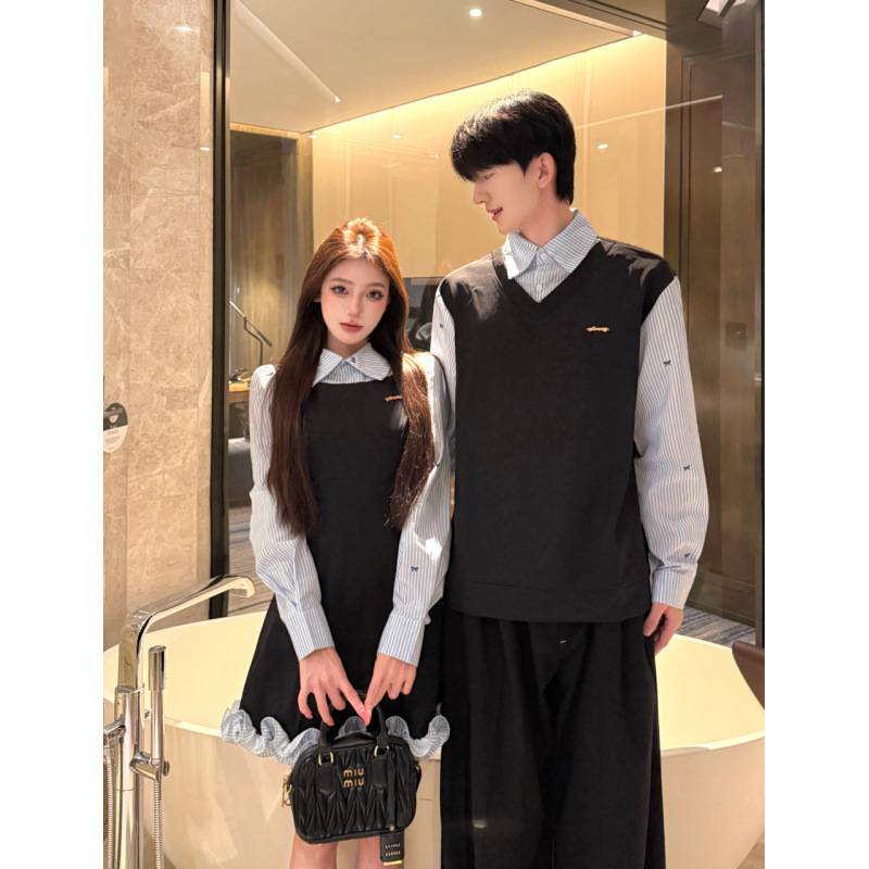 2026 Autumn French Style Contrasting Color Faux Two-Piece Dress College Style A-Line Bud Skirt Couple Outfit