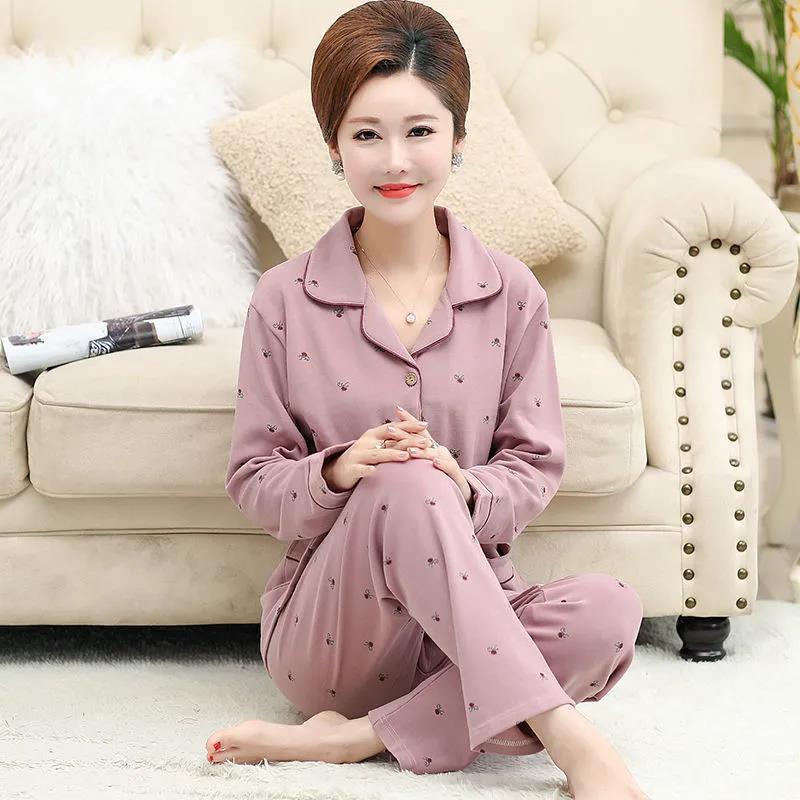 Mamá de mediana edad de manga larga pijamas de mujer 100% algodón de primavera y otoño de las mujeres mayores más el tamaño de otoño e invierno traje de desgaste para el hogar