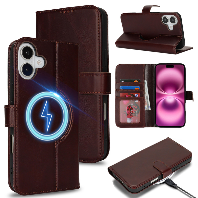Suitable for Iphone16 Mobile Phone Case Apple 15/16Plus Genuine Leather with Magsafe Magnetic Charging Flip Leather Case