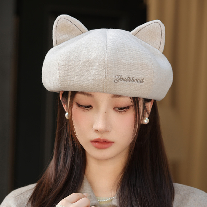 韩系复古可爱猫耳朵贝雷帽春秋新款休闲百搭画家帽防风保暖帽子女|undefined