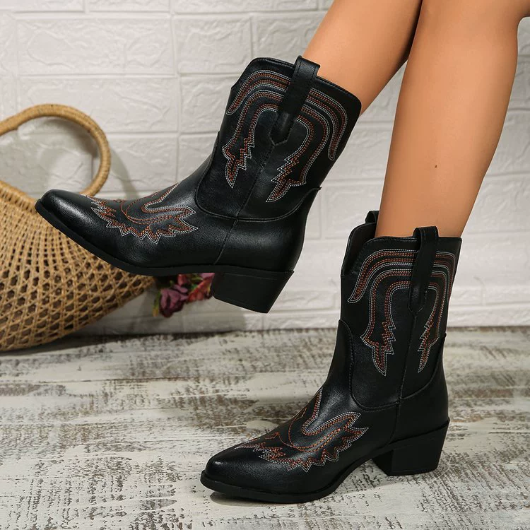 Foreign trade large size printed knight boots 2024 autumn and winter new square heel mid-calf western cowboy style women's boots Amazon women