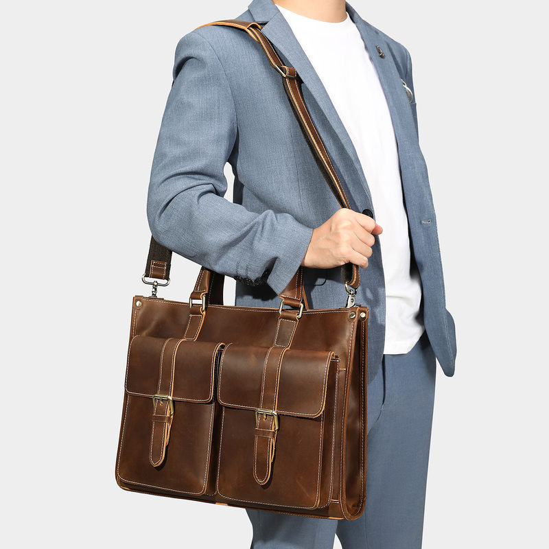Túi xách tay nam da bò thật 39×7,5×30 cm đựng laptop 14 inch, cặp công sở đeo chéo tháo rời — Màu cà phê, Màu nâu đậm, màu đen