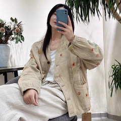 新品文艺复古宽松碎花棉纱印花v领长袖外套上衣