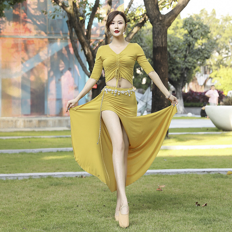 Belly Dance Practice Dress New Style Belly Covering Middle Sleeve Modal Slimming Spring and Summer Beginner's Suit Oriental Dance Dress