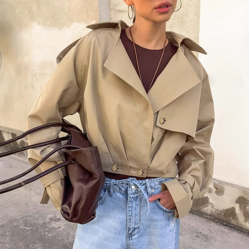 2025 European and American Autum New Khaki Double-Breasted Suit Collar Windbreaker Jacket Cross-Border Wholesale Casual Jacket for Women