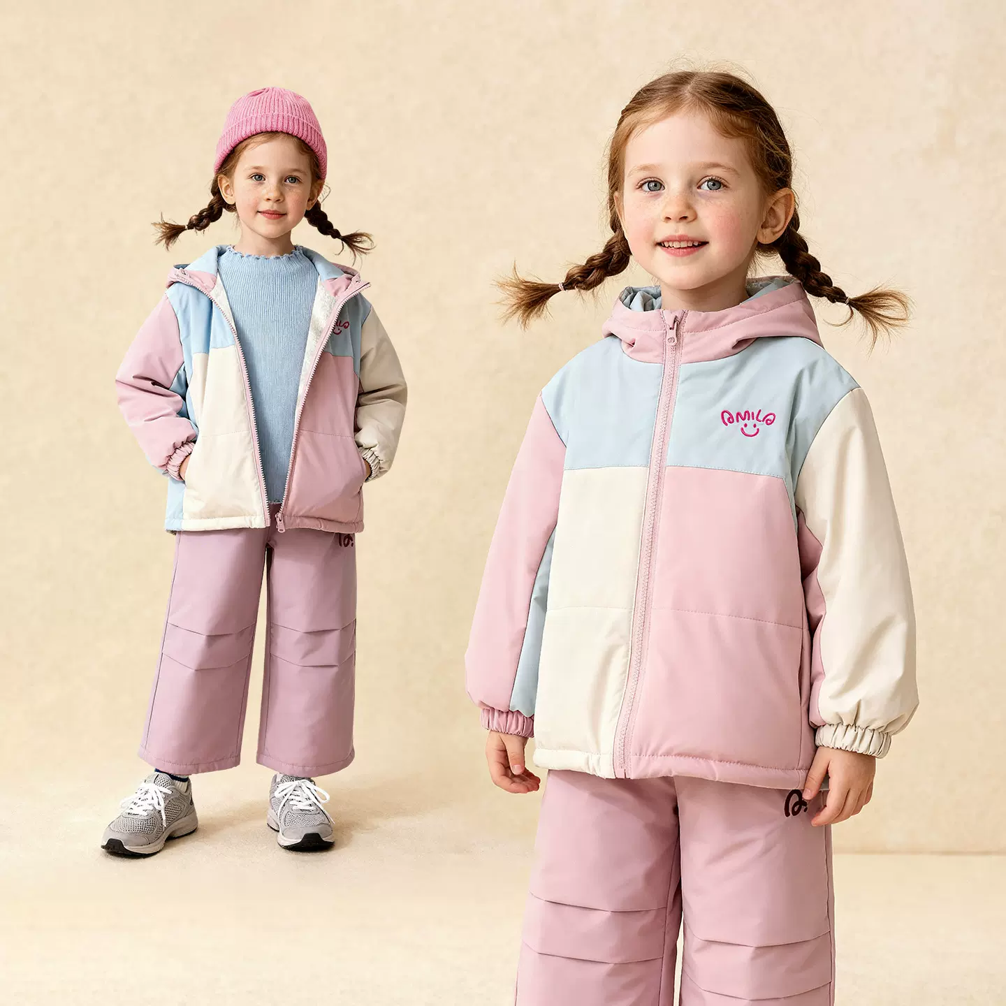 童贝童装2025年冬季新款女童棉服撞色拼接连帽儿童防风保暖外套