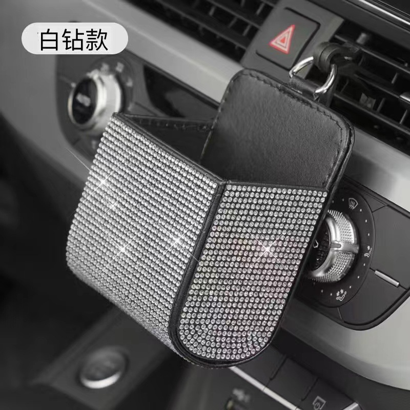 Bolsa de almacenamiento de salida de aire del coche Caja de almacenamiento multifuncional de cuero de coche con diamante Caja de almacenamiento de piel de oveja de salida de aire Bolsa