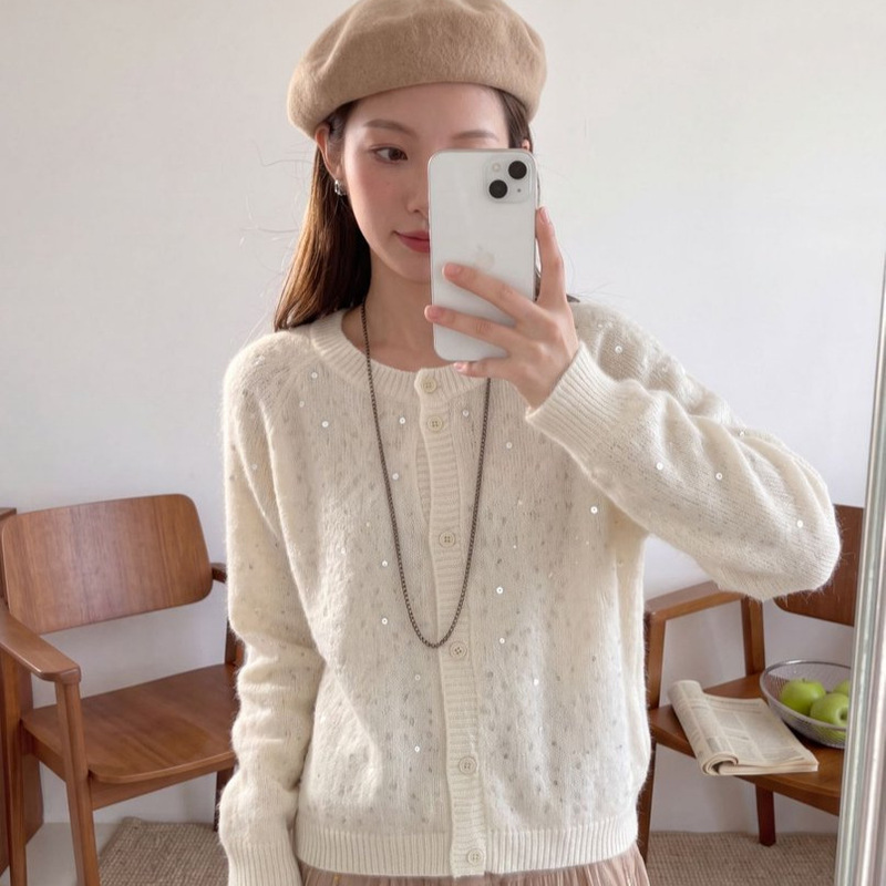 Sequined mohair round-neck sweater jacket for women, 2026 spring and autumn new style, loose outerwear, stylish knitted cardigan Sequined mohair round-neck sweater jacket for women, 2026 spring and autumn new style, loose outerwear, stylish knitted cardigan