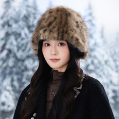 帽子女欧美时尚豹纹水貂毛毛绒帽秋冬季防寒保暖帽户外休闲水桶帽