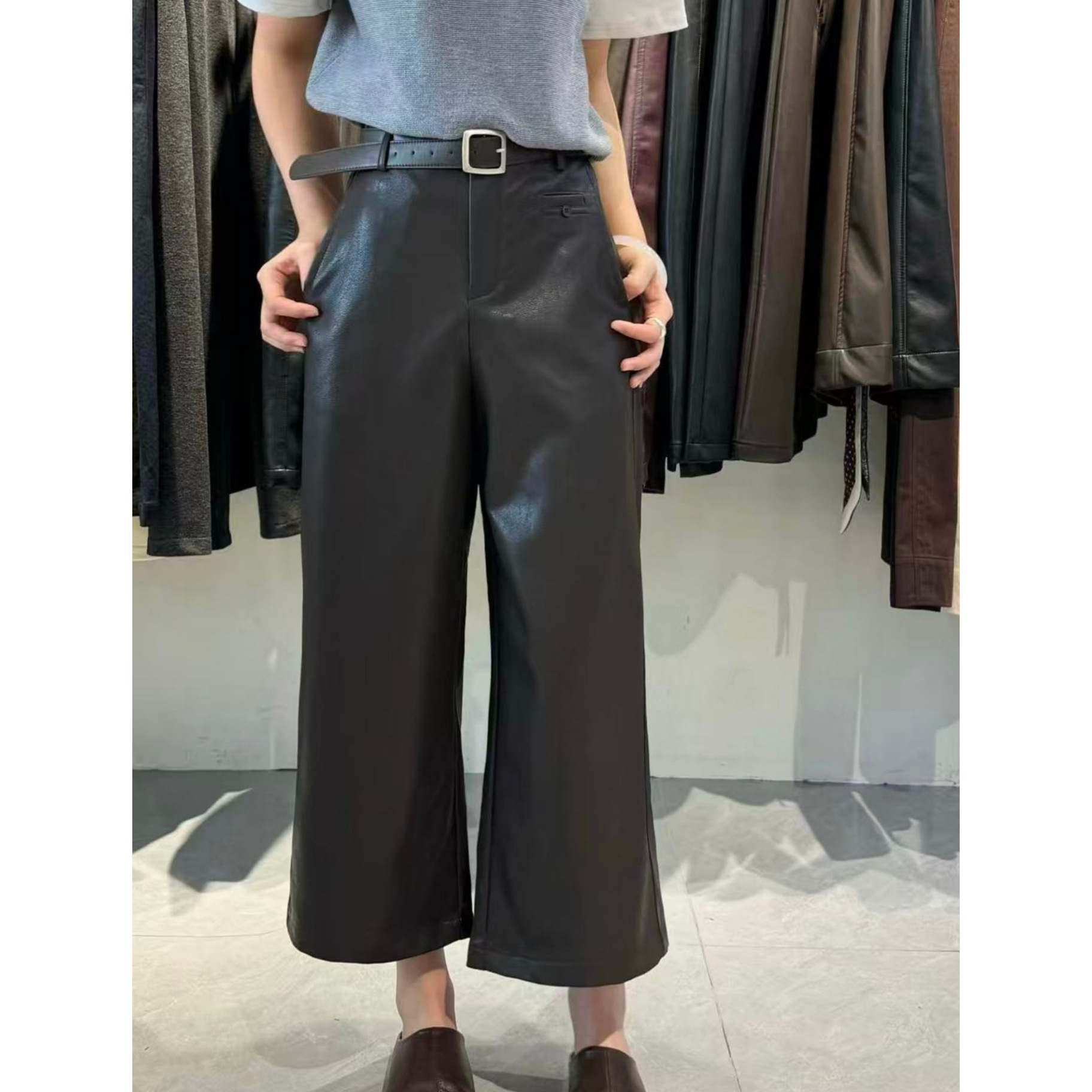 欧货高腰直筒九分皮裤女秋季2025新款时尚百搭宽松阔腿PU皮休闲裤