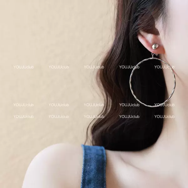Versatile and Flattering ~ Large Hoop Retro Exaggerated Silver Hong Kong Style Plain Hoop Earrings Ins Style Simple Versatile Face-Modifying
