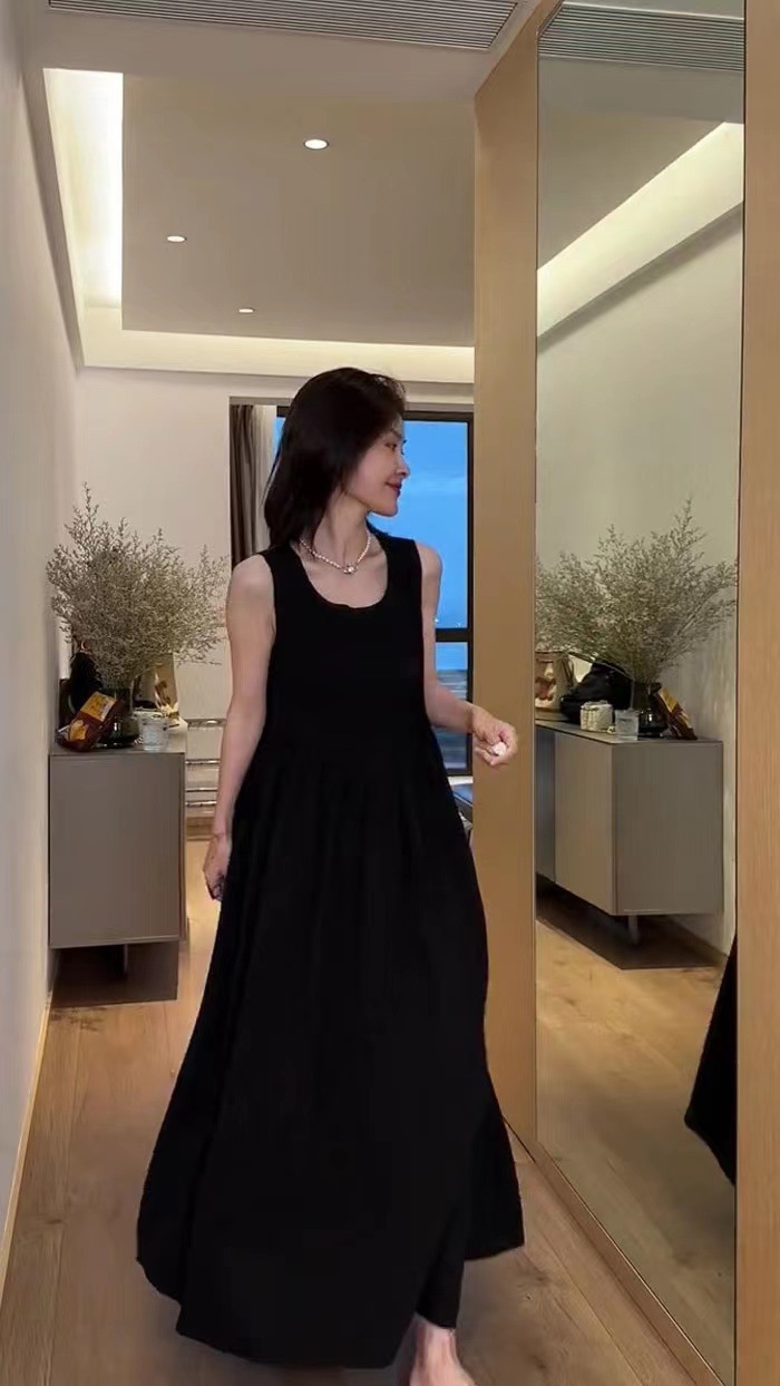 Váy liền không tay dài phong cách Hepburn Pháp, dáng suông thắt eo, phù hợp nữ mùa hè — Màu đen, Màu trắng chi tiết 6