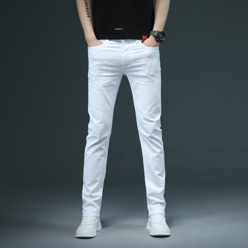 Pure White Men's Stretch Jeans for Young Students, Daily Casual Sports Pants, Versatile Slim-Fitting Pants for Men