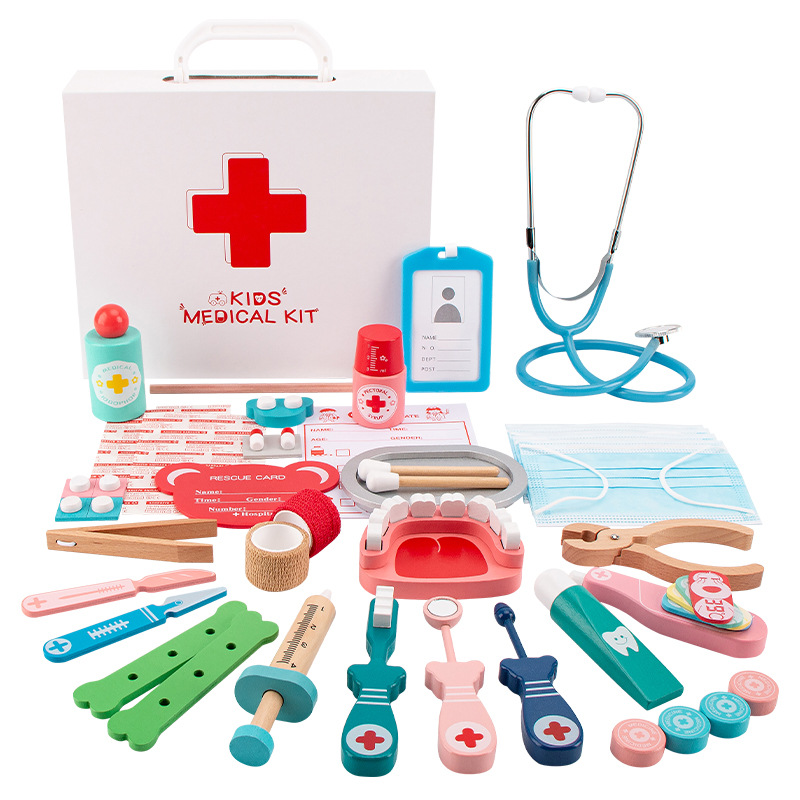 Productos de madera doctor niños juguetes de simulación jugar casa doctor enfermera inyección caja de madera almacenamiento caja de la medicina hombres y mujeres