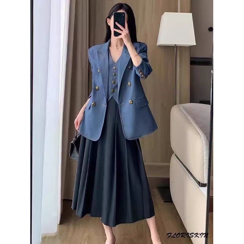 High-End Blue Vest Suit Jacket 2025 Spring and Autumn Style Slim Fit Versatile Faux Denim Vest Two-Piece Set for Women High-End Blue Vest Suit Jacket 2025 Spring and Autumn Style Slim Fit Versatile Faux Denim Vest Two-Piece Set for Women