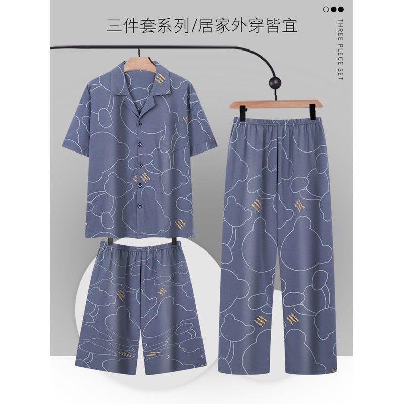 Pijamas de algodón para hombres de verano pantalones de mangas cortas para hombres adolescentes de verano ropa delgada para el hogar tres piezas