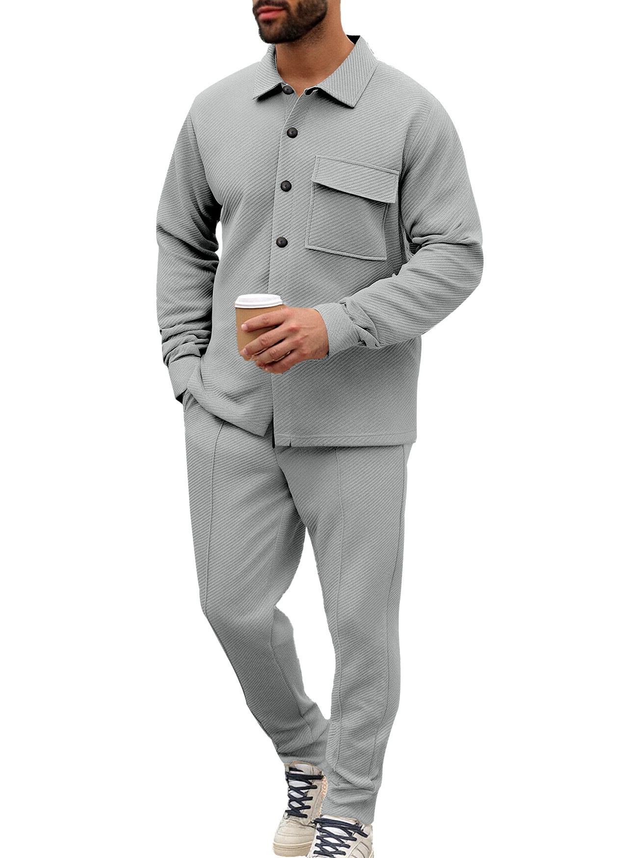 Europa y los Estados Unidos transfronterizos Amazon otoño y invierno casual hombre con solapa camisa de manga larga cardigan de botón único chaqueta de color sólido set