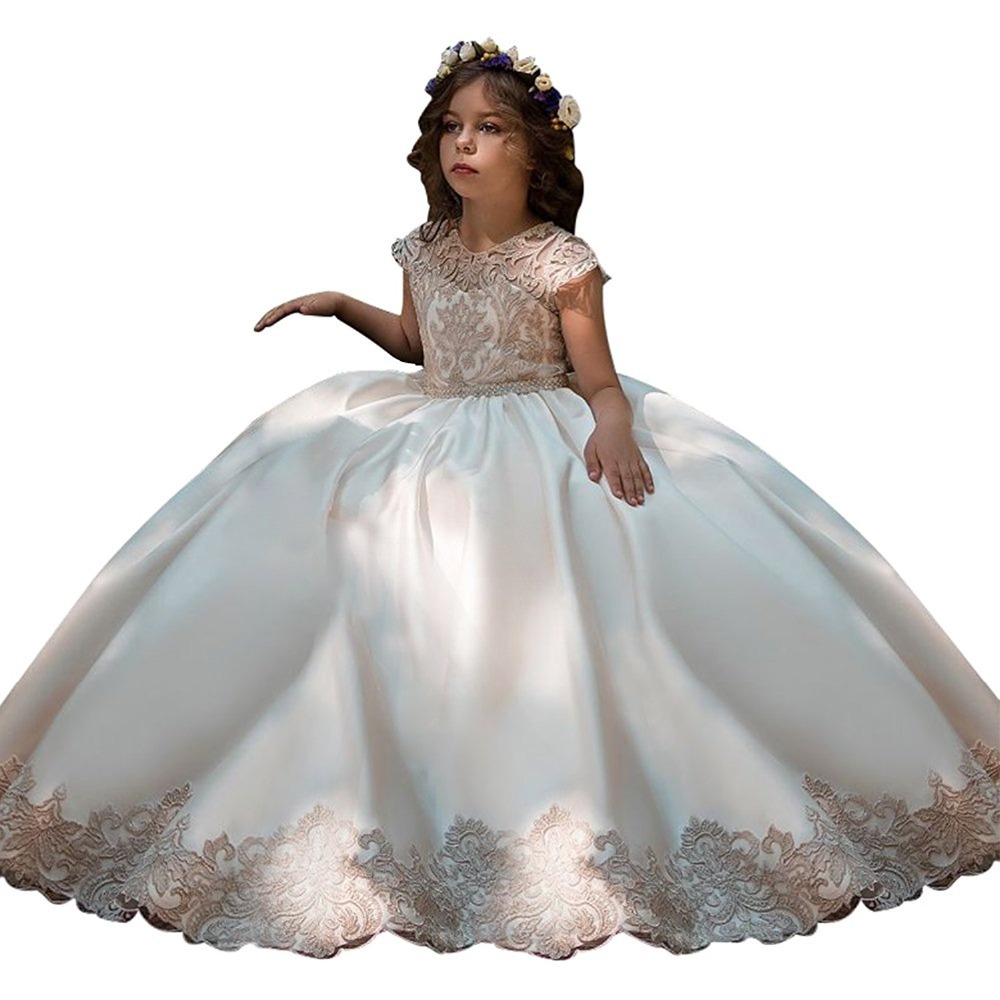 Girl's Princess Puff Dress – Polyester Tutu Party Gown For Kids (80-160cm, White/Pink, A-Class Safety)_voghion.com