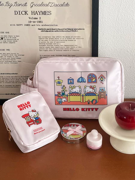 Satin Kt Cat Cosmetic Bag Cute Cartoon Printed Storage Bag High Color Value Travel Portable Wash Bag