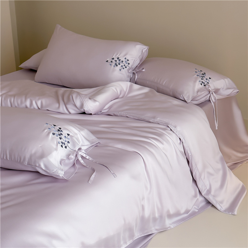 Summer Cool Ice Silk Quilt Cover Simple 60-count Tencel Four-piece Set With Embroidered Flowers, Double-sided Ice Silk Cool-touch Duvet Cover And_voghion.com