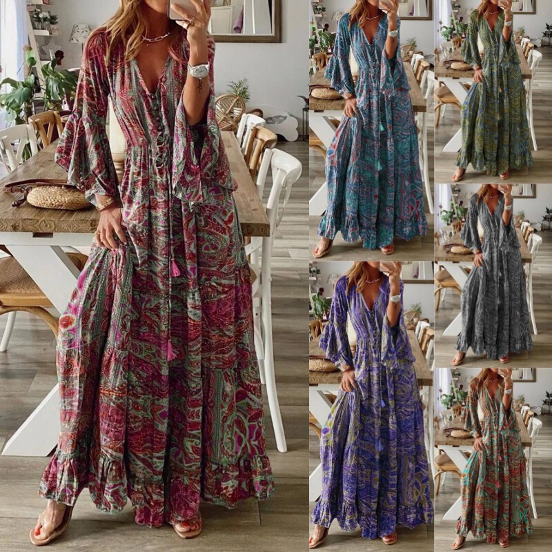 2023 European and American Cross-Border Bohemian Style Trumpet Sleeve Printed V Neck High Waist Holiday Dress Floral Women's Long Skirt 2023 European and American Cross-Border Bohemian Style Trumpet Sleeve Printed V Neck High Waist Holiday Dress Floral Women's Long Skirt