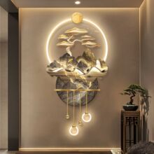 迎客松玄关挂画流水生财格栅装饰壁画九鱼图走廊LED立体艺术壁灯