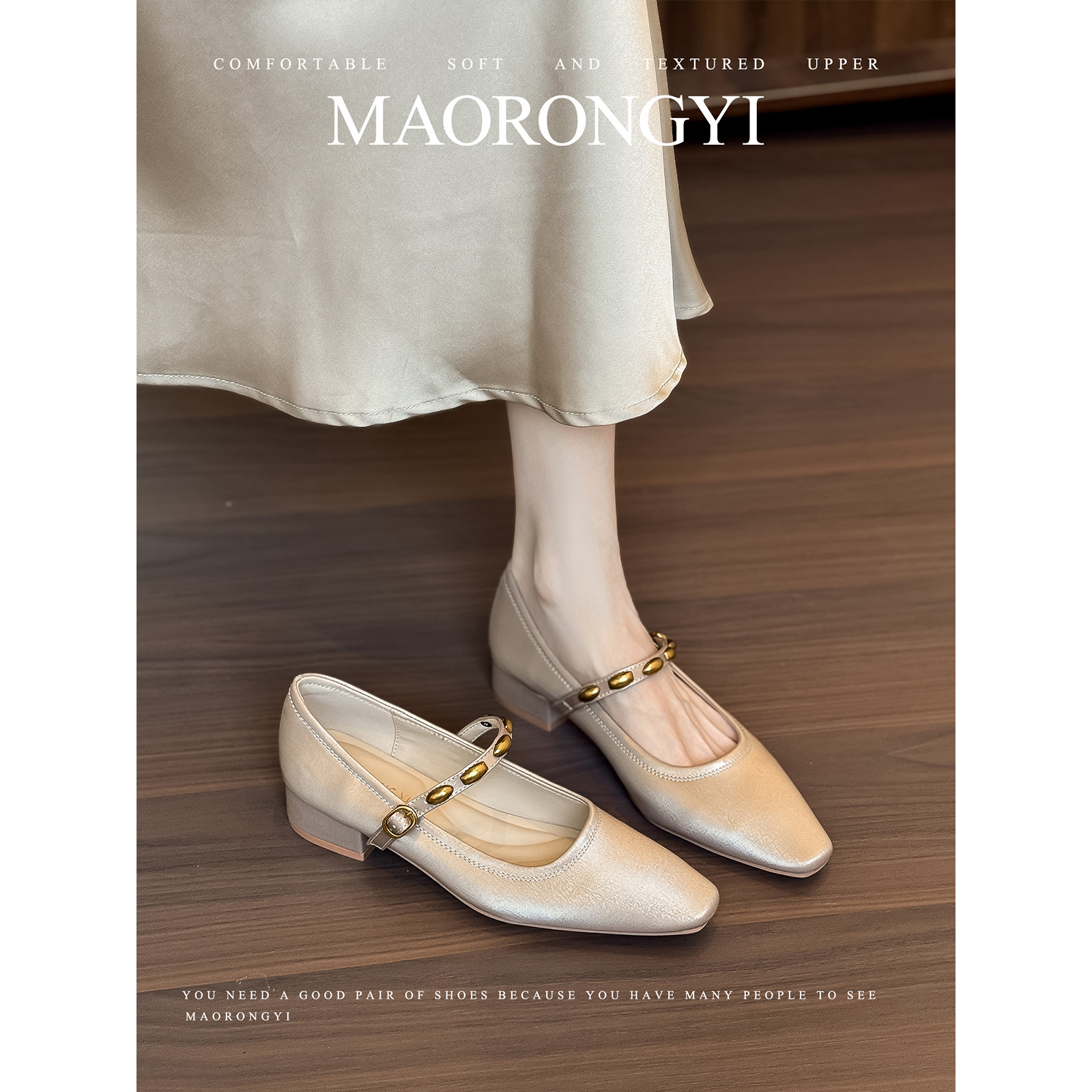 A Large Amount of Ready Stock ~ Goatskin Version ~ Retro One-Line Buckle Square Toe Soft Sole Genuine Leather Thick Heel Flats Mary Jane Women's Shoes