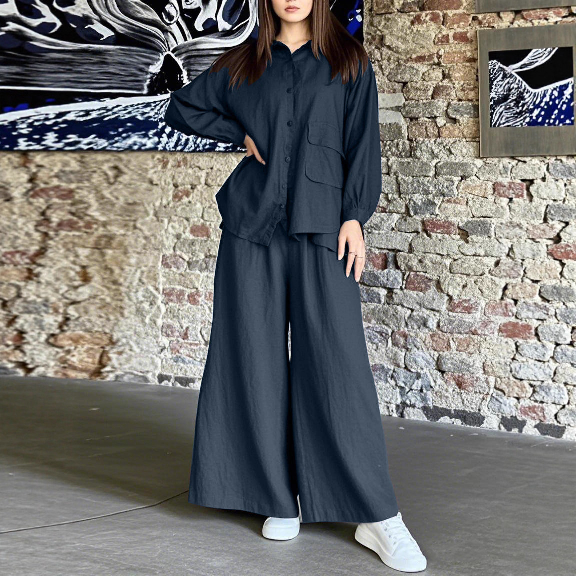 Set van oversized katoenen shirt en wijde broek – Euro-Amerikaanse vintage minimalistische outfit (S-5XL, 7 kleuren, essentieel voor werk en weekend)_voghion.com