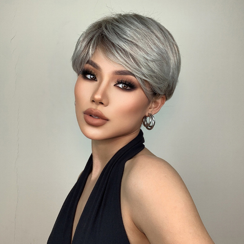 Cross-border European and American wig foreign trade women's silver gray short elf cut synthetic wig micro straight hair manufacturers wholesale