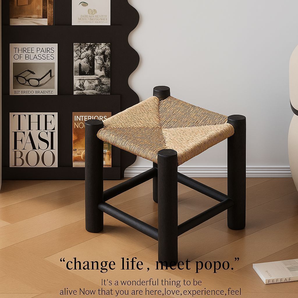 Factory Direct Sale Stool, Rattan Woven Vintage Low Stool, Solid Wood Shoe-Changing Stool, Simple Household Living Room Backrest Chair, Coffee Table Stool